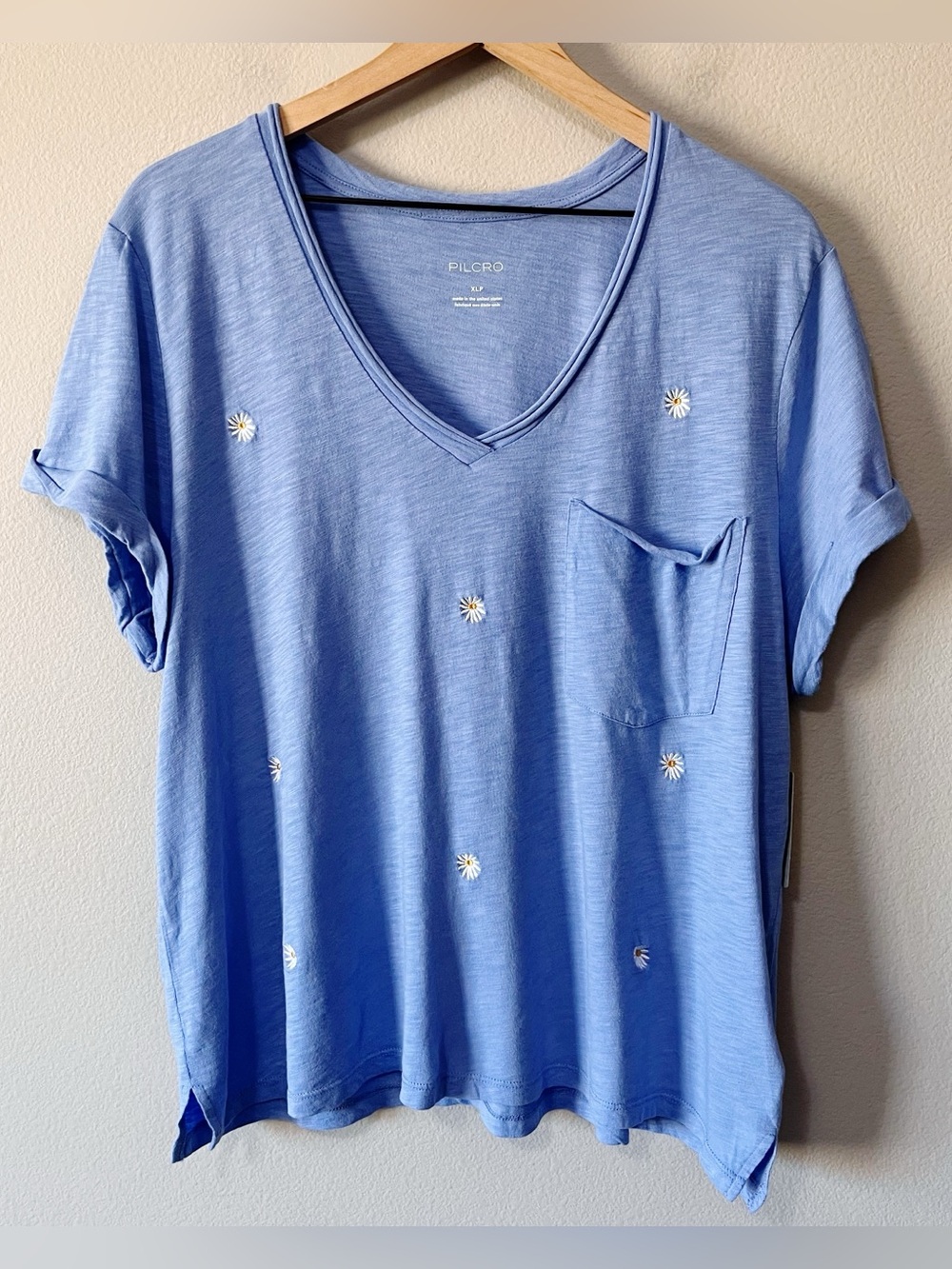 Anthropologie PILCRO NWT Blue Quinn Drapey V-Neck T-Shirt Daisy Flowers XLP